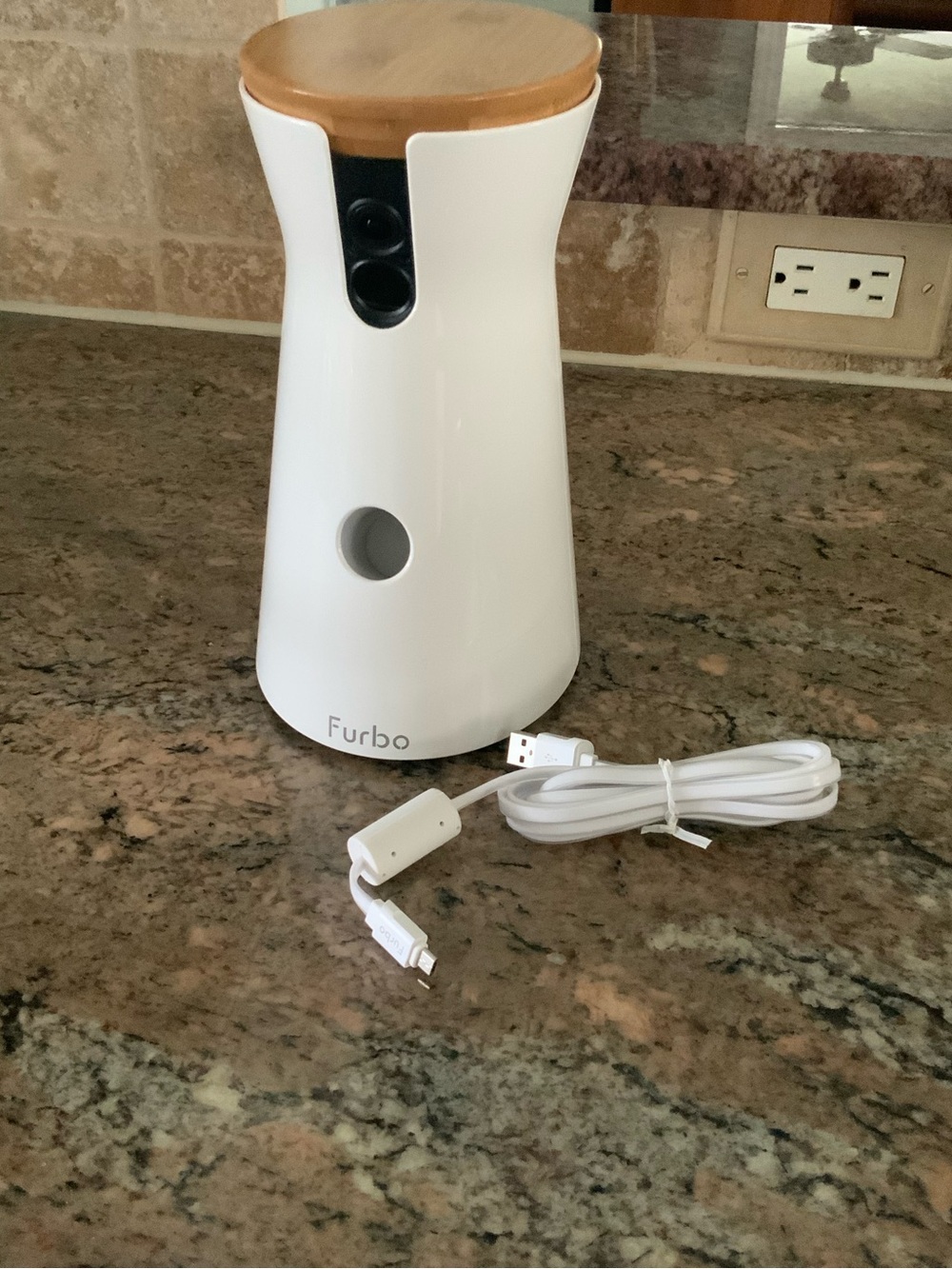 Furbo Pet Camera Treat Dispenser - White with Bamboo Top